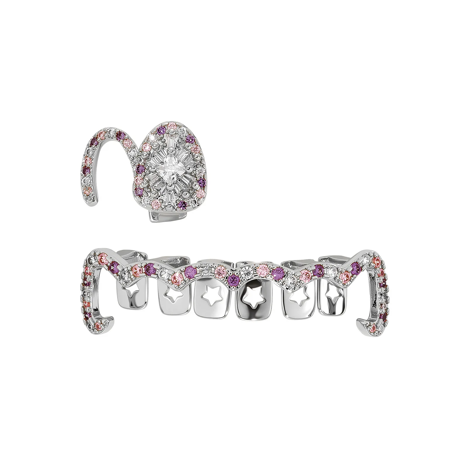 Sweet Cool Pink Zircon Brass Grillz Teeth Jewelry Hip Hop Tooth Cover Bling Mouth Accessories Y2K Streetwear Fashion Jewelry
