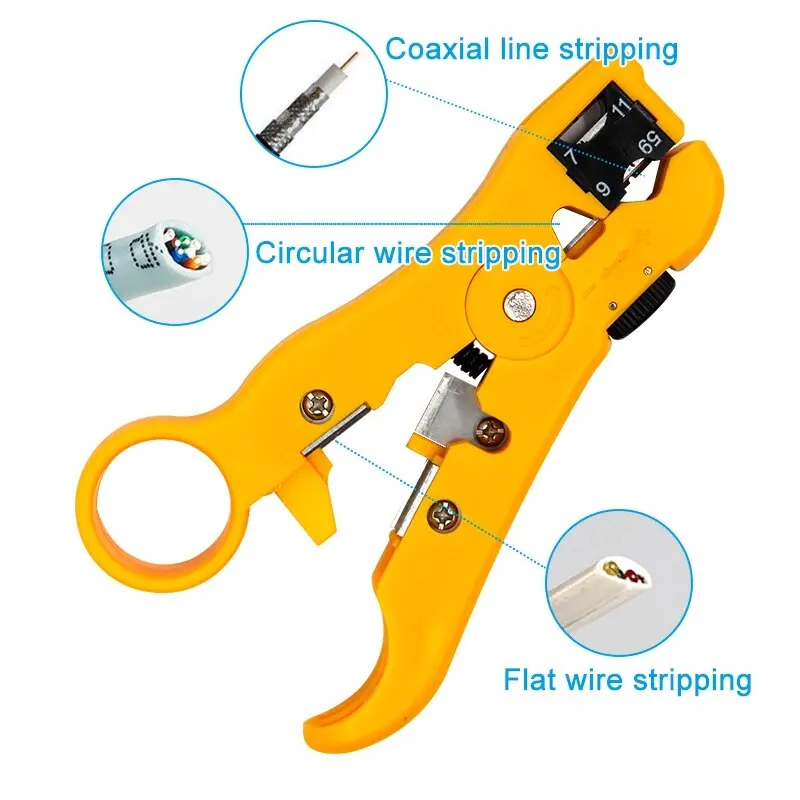 Multifunctional Wire Pliers Yellow Rotary Wire Stripper Adjustable Distance STP/UTP Network Cable Coaxial Wire Stripper Tool