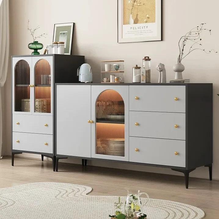 

Side cabinet, against the wall, integrated, cream wind, shelf, modern, simple, living room, storage, tea cabinet