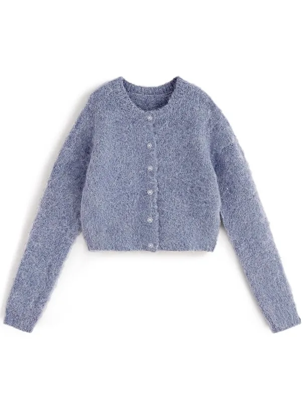 

Japanese Autumn and Winter Wear Elegant Sweetheart Blue Cute Plush Blend Crew Neck Short Knitted Cardigan Jacket Daily Commute