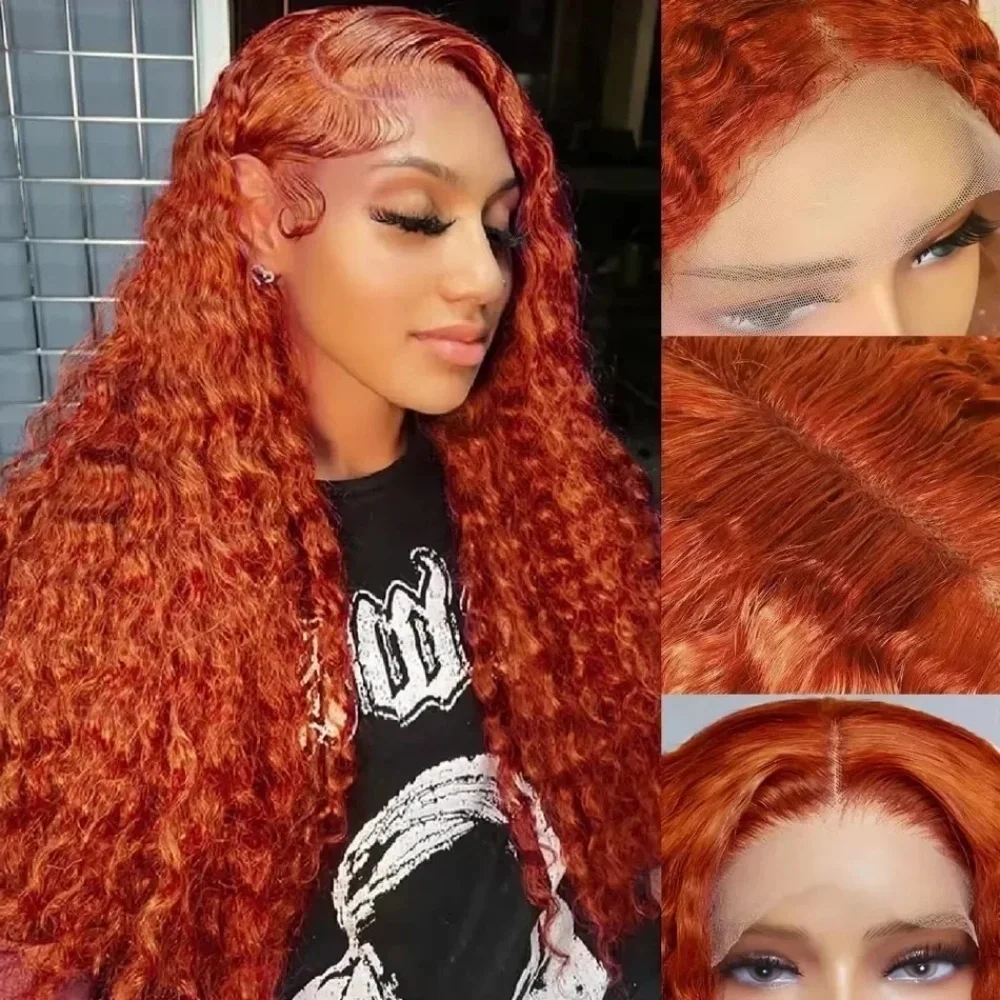 Pelucas frontales de encaje de jengibre de onda profunda 13 × 4, peluca Frontal de encaje transparente de cabello humano para mujeres, pelucas rizadas de Color naranja prearrancadas 350