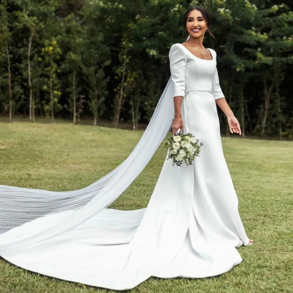 Vestido de casamento vintage longo com pescoço quadrado para nupcial, vestido country sem costas com trem destacável, manga de três quartos