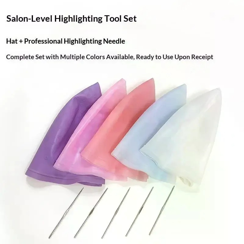 1 Set Highlight Dyeing Frosting Hats Barber Hair Silicone Coloring Cap Hook Needle Pink Professional Dyeing Tool Dye