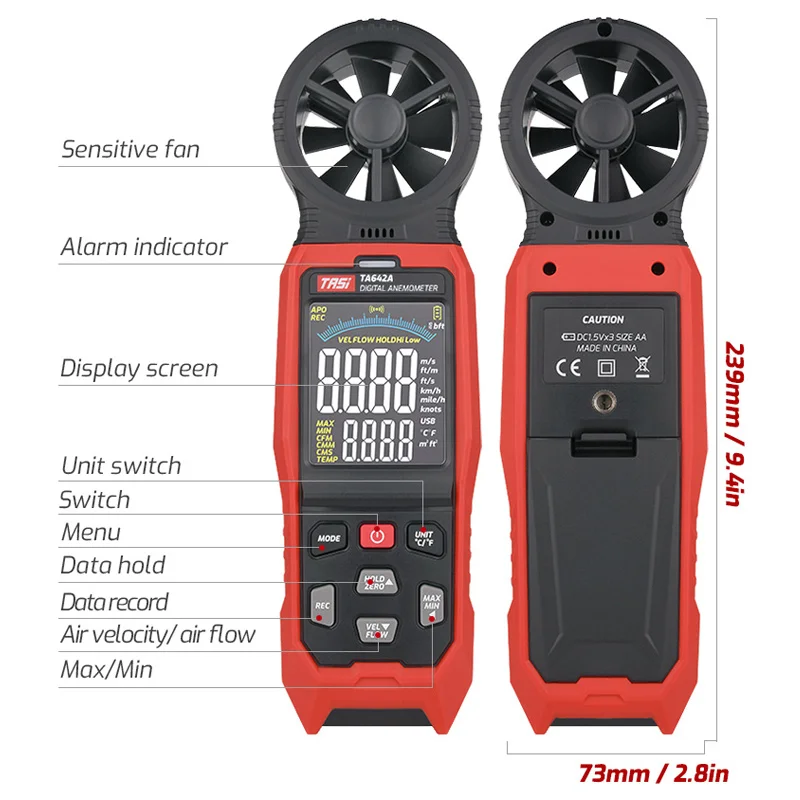 TASI TA642A TA642B Digital Anemometer Handheld Wind Speed Meter Measuring Air Flow Speed Wind Temperature LCD Backlight Display