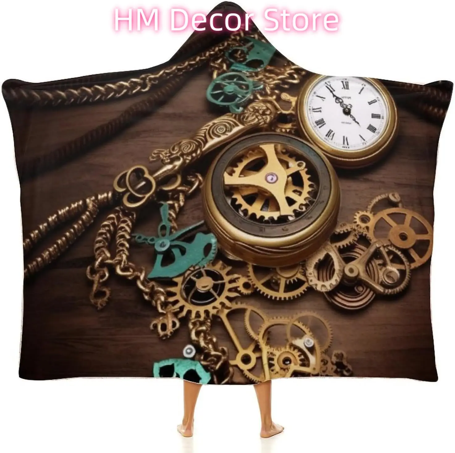 Steampunk Watches Keys Wearable Hooded Blanket, Ultra Soft Arctic Velvet Cape Cloak Unisex - Cozy Wearable Blanket