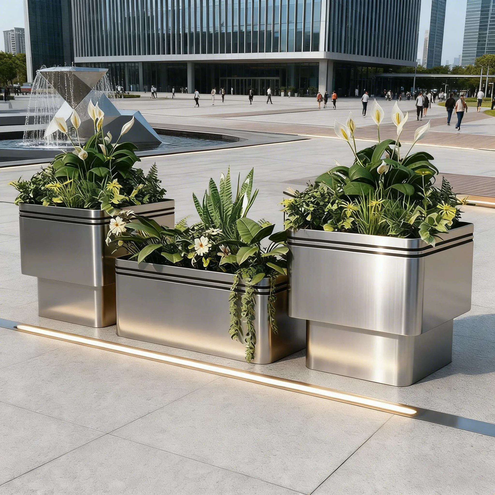 & Outdoor Stainless Steel Planter Box Combination, Custom Metal Flower Trough for Commercial Plaza Hotel Courtyard