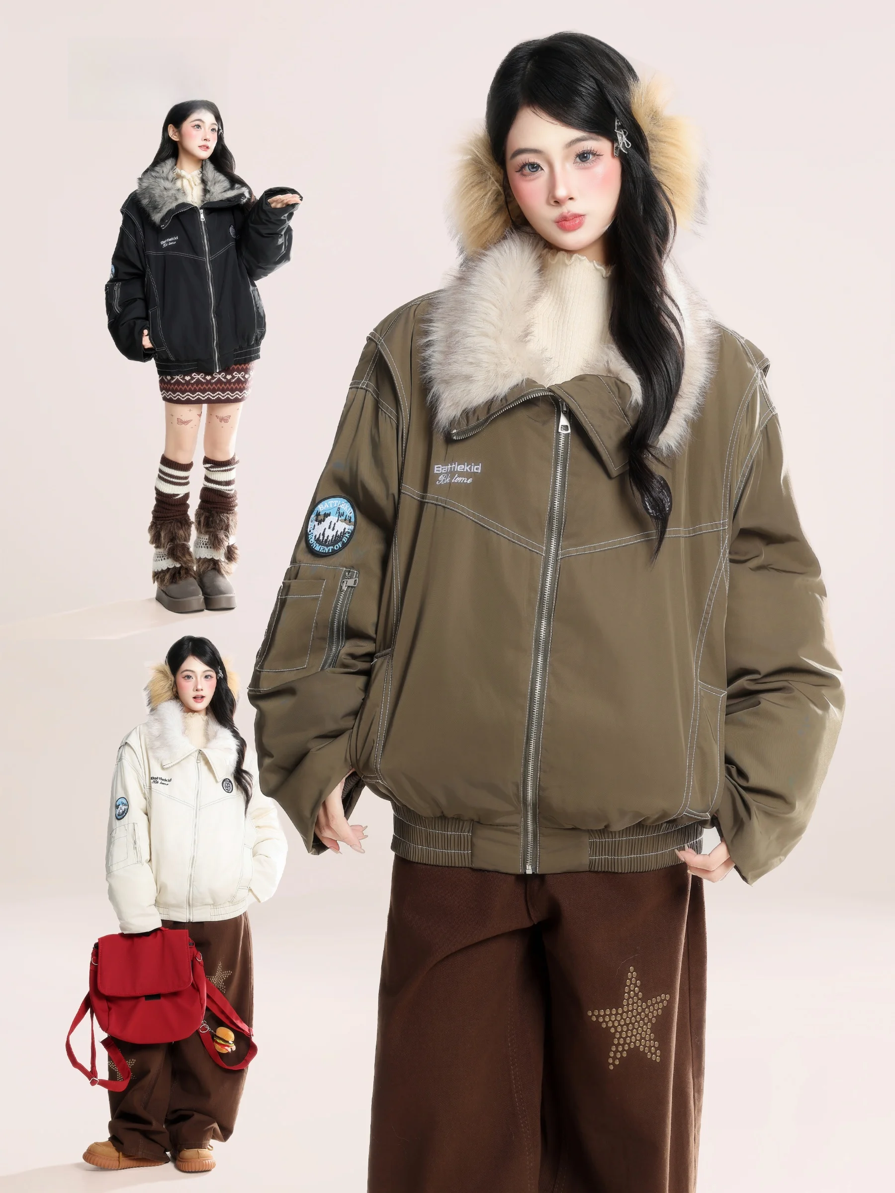 

HM American Retro Barn Sle Women's Thiened Warm Cotton Jaet Collar Coat Couple Outerwear Long Sve Zipper Closure