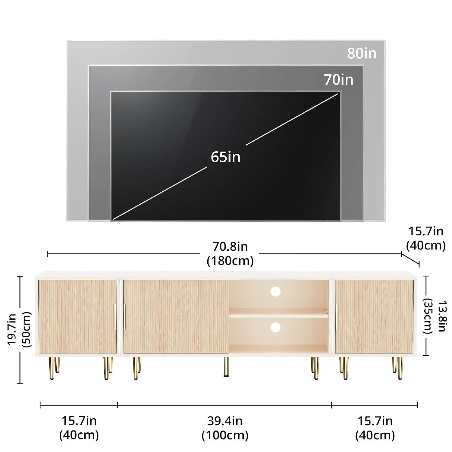 71-Inch Oak Fluted TV Stand for TVs up to 80 Inch, Modern Entertainment Center with Storage, Adjustable Shelf, Media Console