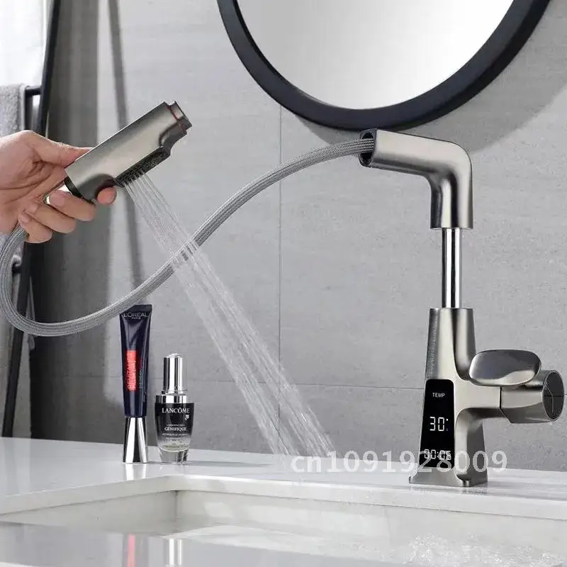 

LED Digital Display Lift Mouthwash Out Bathroom Basin Faucet Gray Mixed Tap And Brass Cold Hot Pull Wash Multifunctional Hair