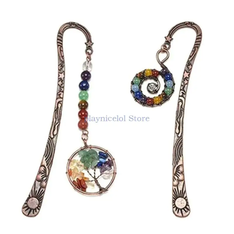 Antique Carved Hook Bookmarks Metal Book Markers with Crystal Stone Pendant Reading Accessories Gift for Book Lover E8BA