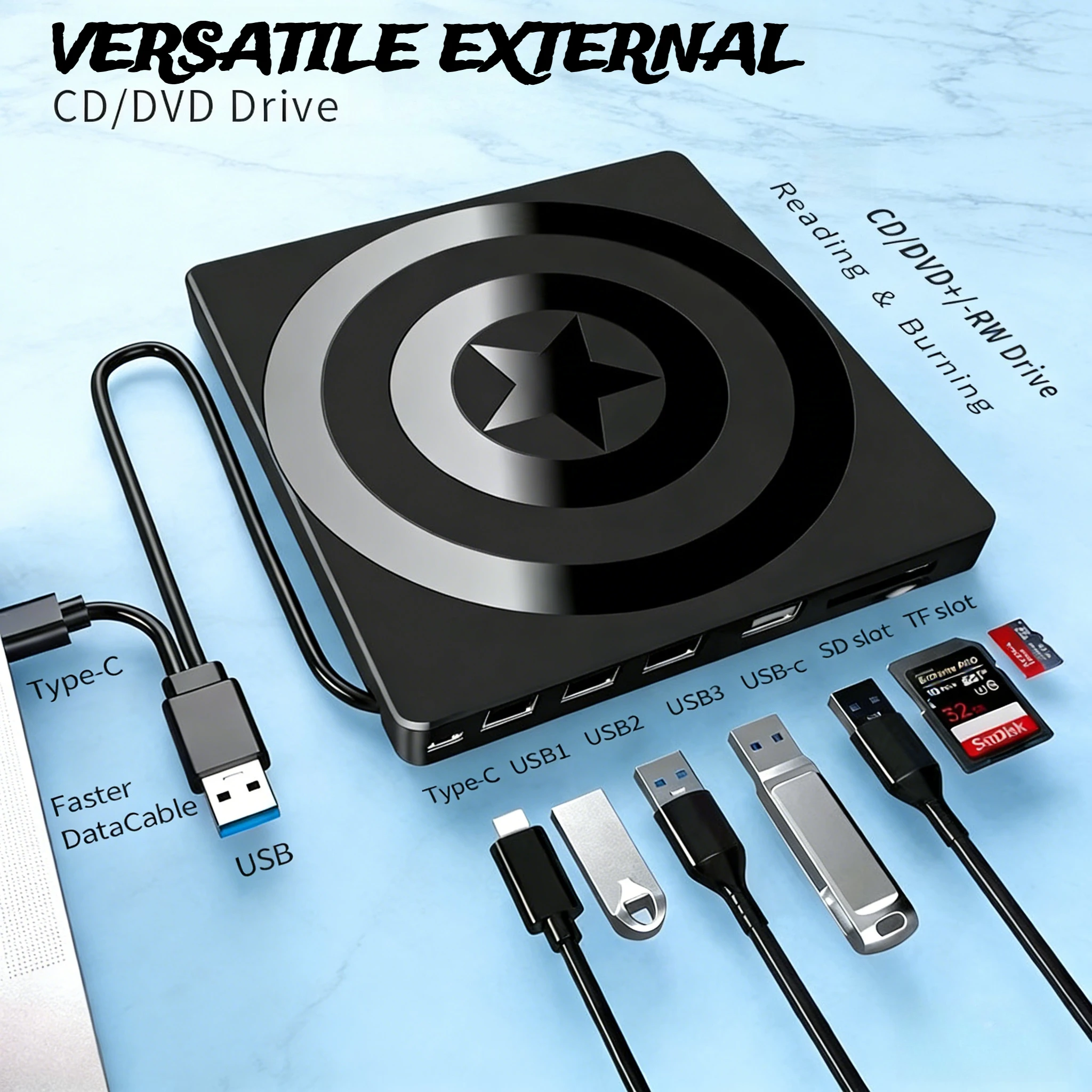 

Внешний DVD-рекордер 7-в-1 с интерфейсами Type-C и USB 3.0, оптический привод для чтения и записи CD/DVD, портативный, для настольных ПК и ноутбуков