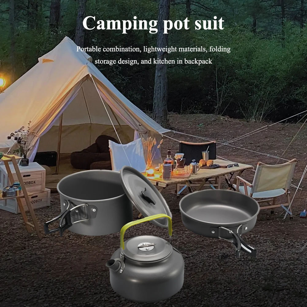 Kit de panelas de acampamento, conjunto de panelas de acampamento para 2-3 pessoas, panela e frigideiras antiaderentes, panelas leves e portáteis ao ar livre