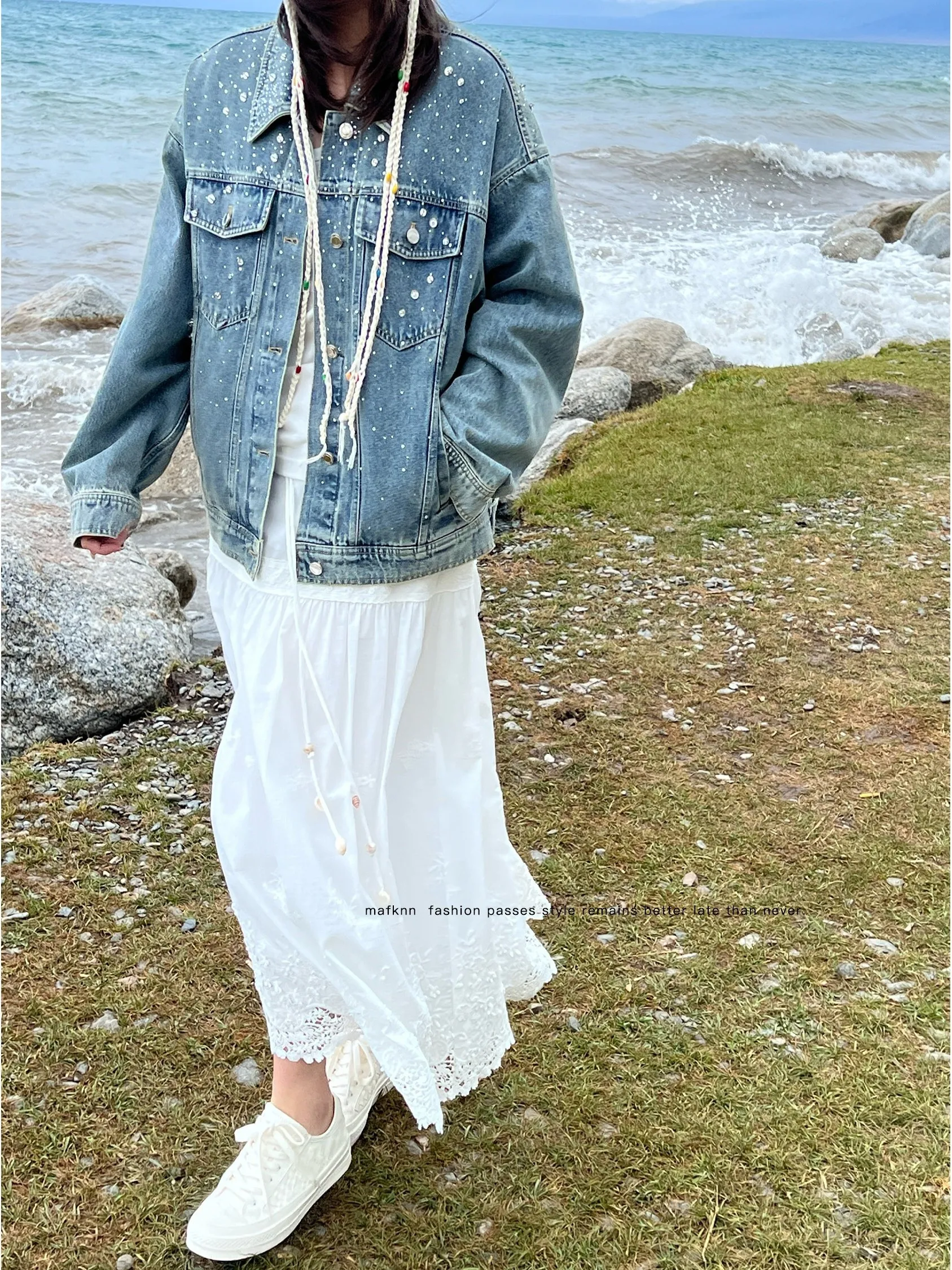 

JiJi Private Collection Embroidered Lace Hollow out Long Skirt plus Size Women's Elastic Waist Belted Casual Cotton Skirt