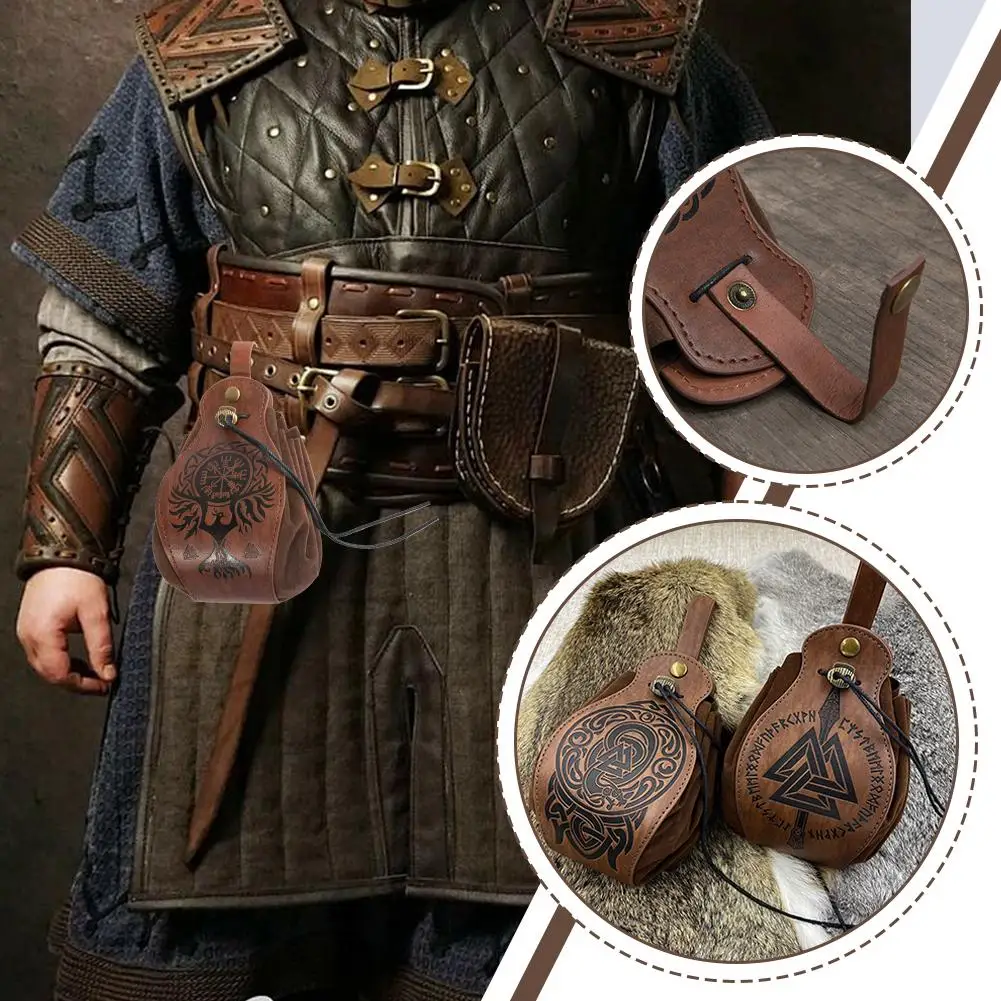 Renaissance Belt Pouch PU Leather Viking Style Waist Bag for DND Dice Coins Cosplay Costume Halloween Christmas Accessory
