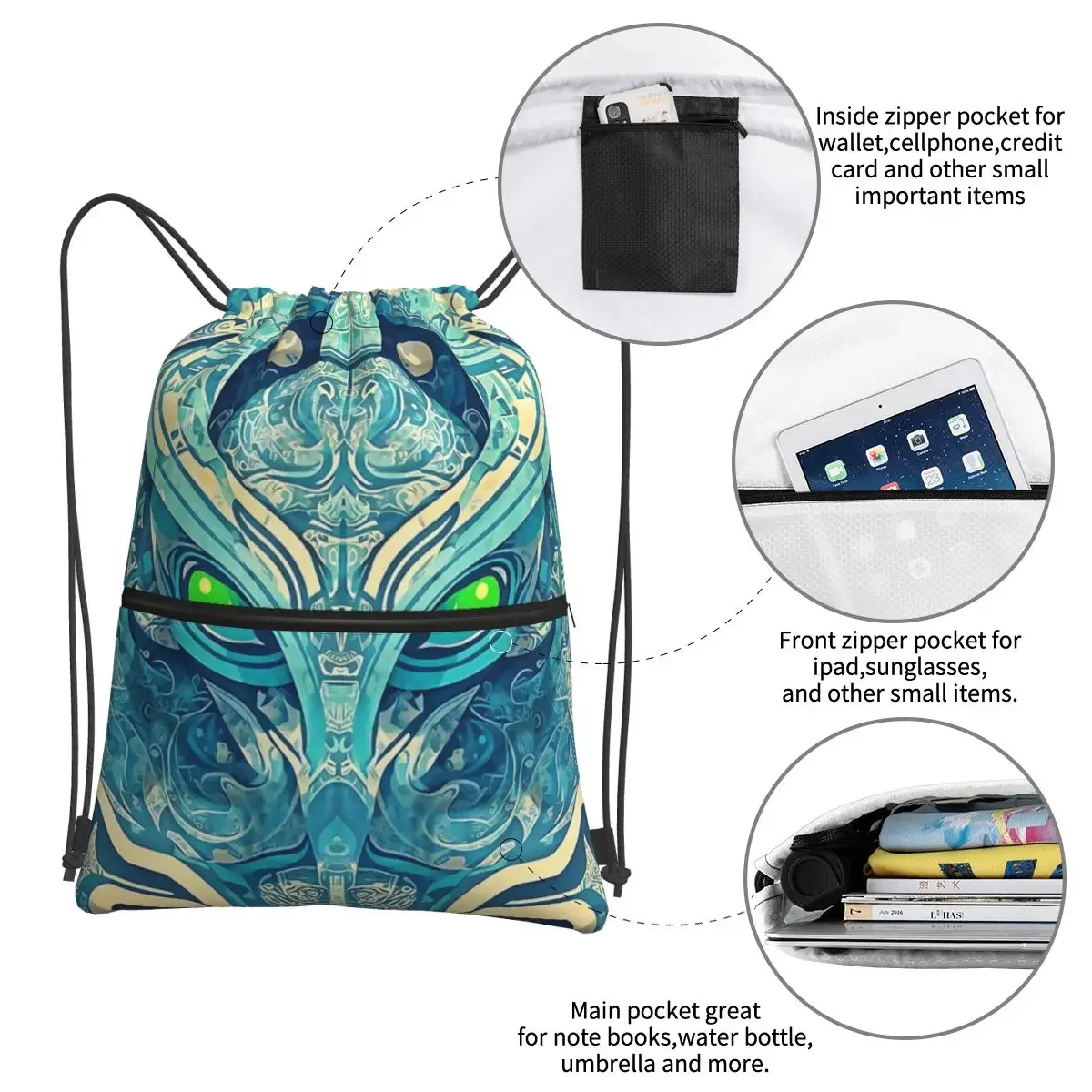 Alien Painting Mochilas portáteis, Drawstring Bag, Casual Bundle, Pocket Shoes, Estudantes da escola