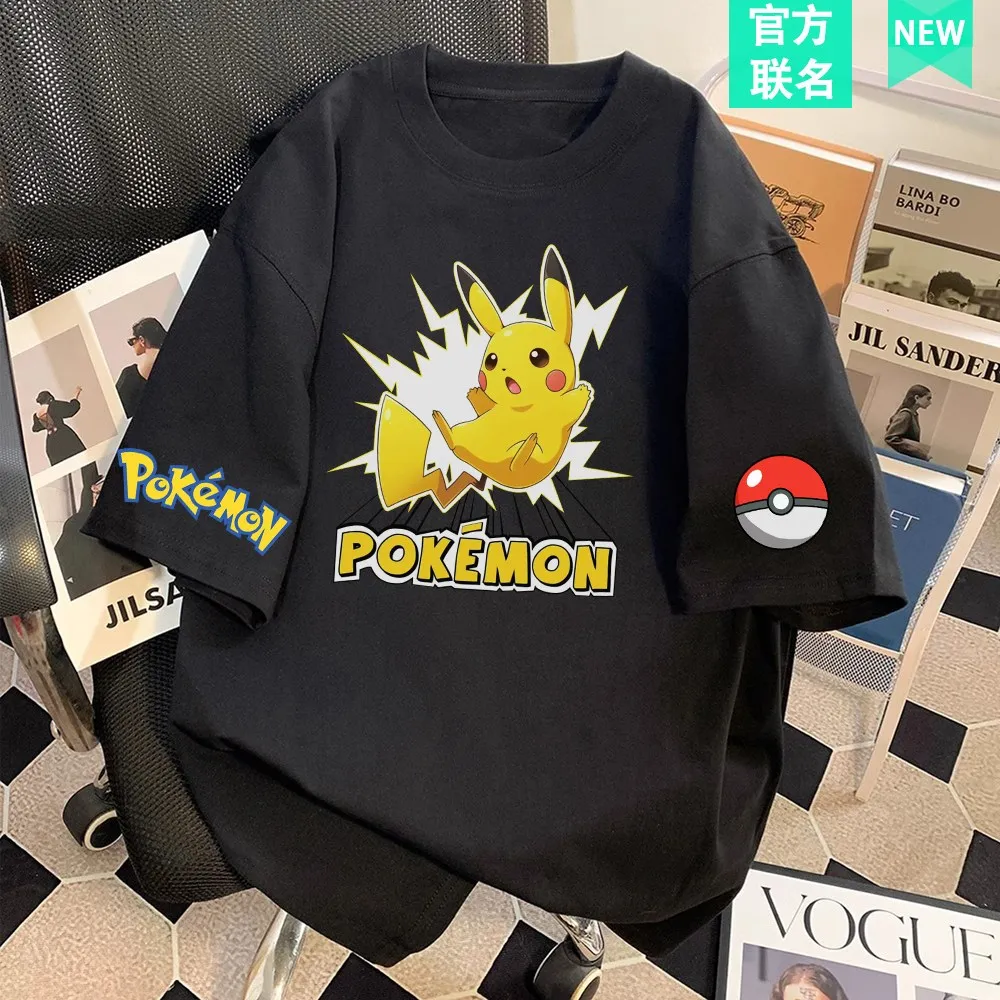 Bandai Pokemon Electric Shock Pikachu Print 100 % Baumwolle, übergroßes, kurzärmliges T-Shirt mit Rundhalsausschnitt, Unisex, Übergröße