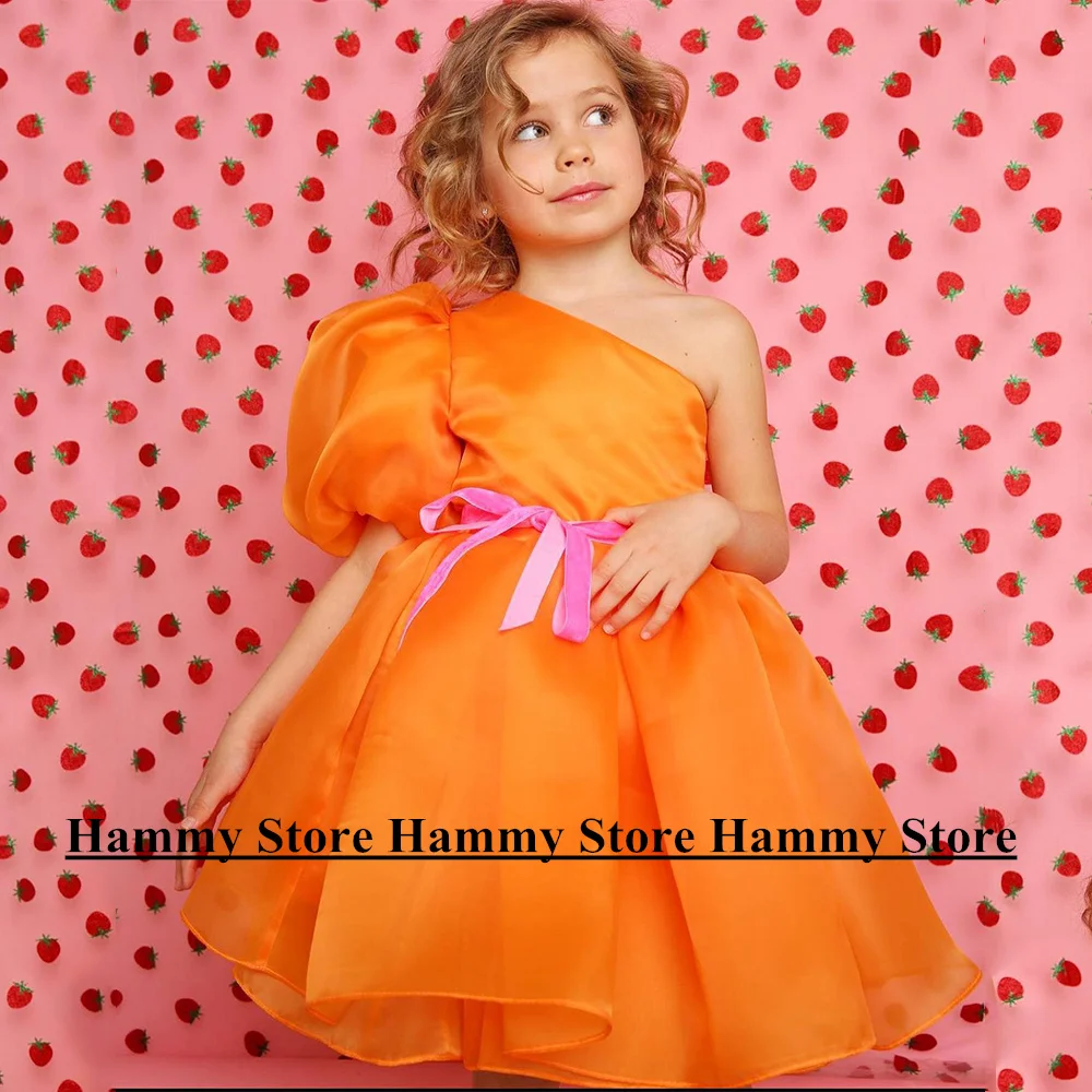 

Yipeisha Kids Orange Party Dress for Wedding One Shoulder Bow Belt Puffy Organza Candy Color Flower Girl es