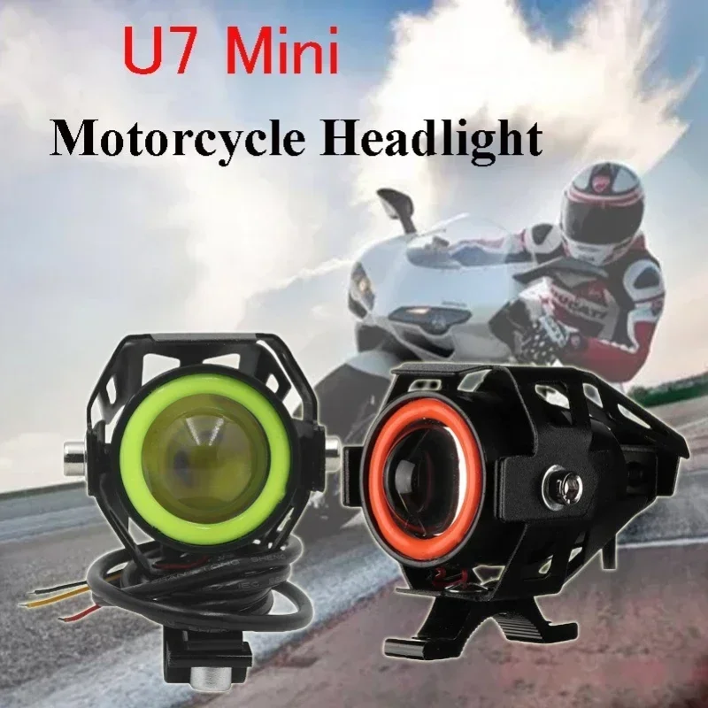 125W LED Auxiliary Motorcycle Headlight Universal 1200LM Angel Eyes U7 Mini Motorcycle Spotlights Bicycle Lamp Accessories