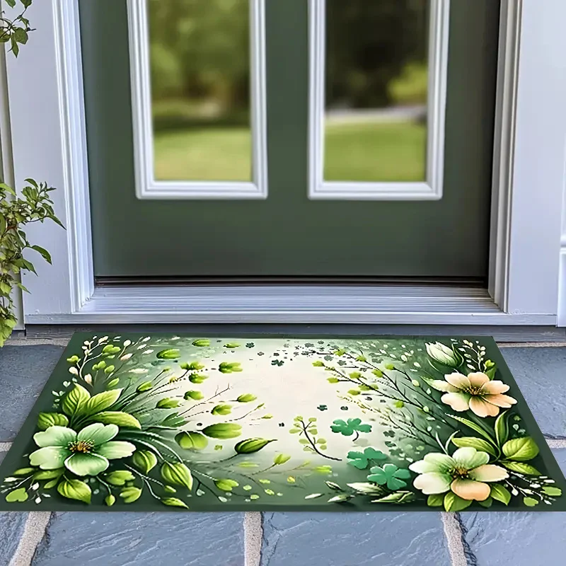 Festive Lucky Clover Motif Floor Rug Decorative Non Slip Door Mat Versatile Accent For Gym Dance Studio Lounge