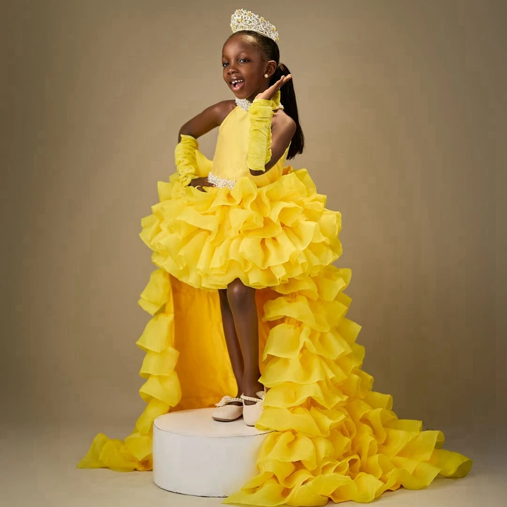 

Charming Yellow Ruffled Princess Dress for Girls Fashion High Low Tiered Mesh Birthday Party Dresses For Kids Flowers Girl Gowns