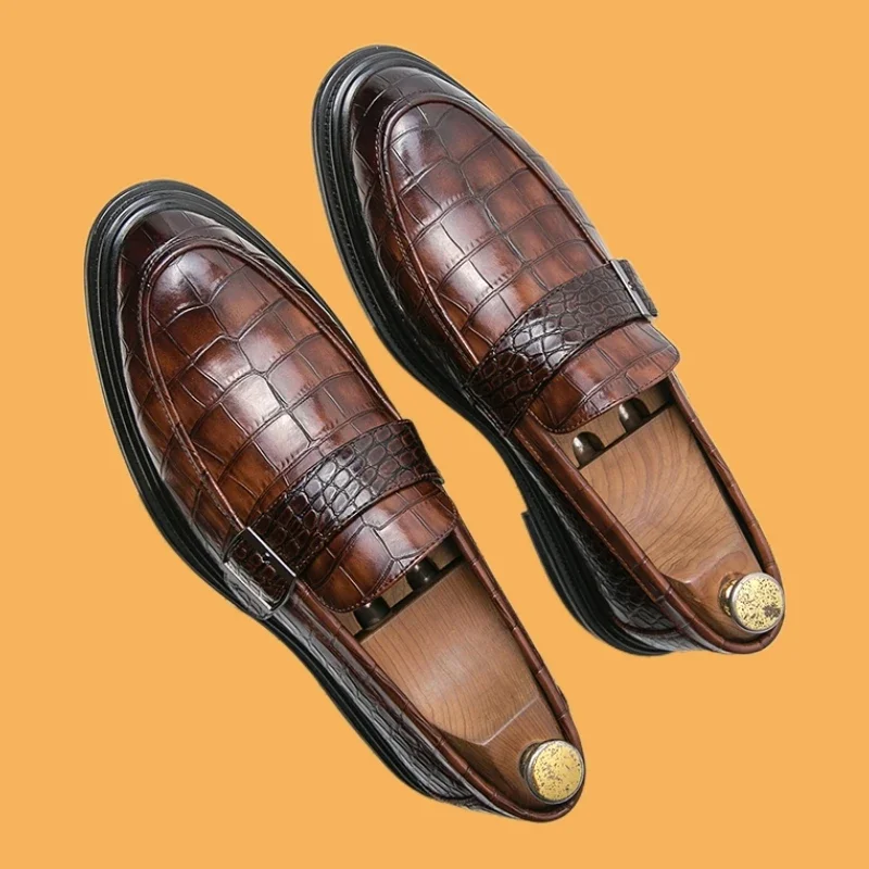 

Brown Loafers for Men Crocodile Pattern Black Slip-On Round Toe Mens Formal Shoes Handmade Men Shoes