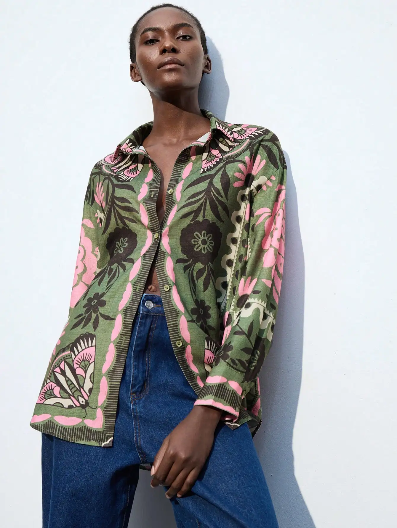 

Green And Pink Floral Print Loose Long Sleeve Blouse Casual Bohemian Shirt For Women