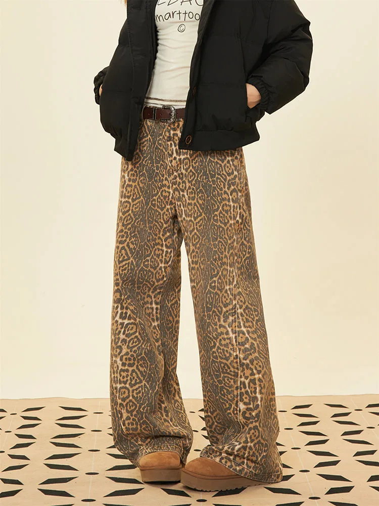

Y2K Retro High Street Loose Casual Leopard Print American Jeans Women Versatile Wide-leg Straight Denim Long Pants