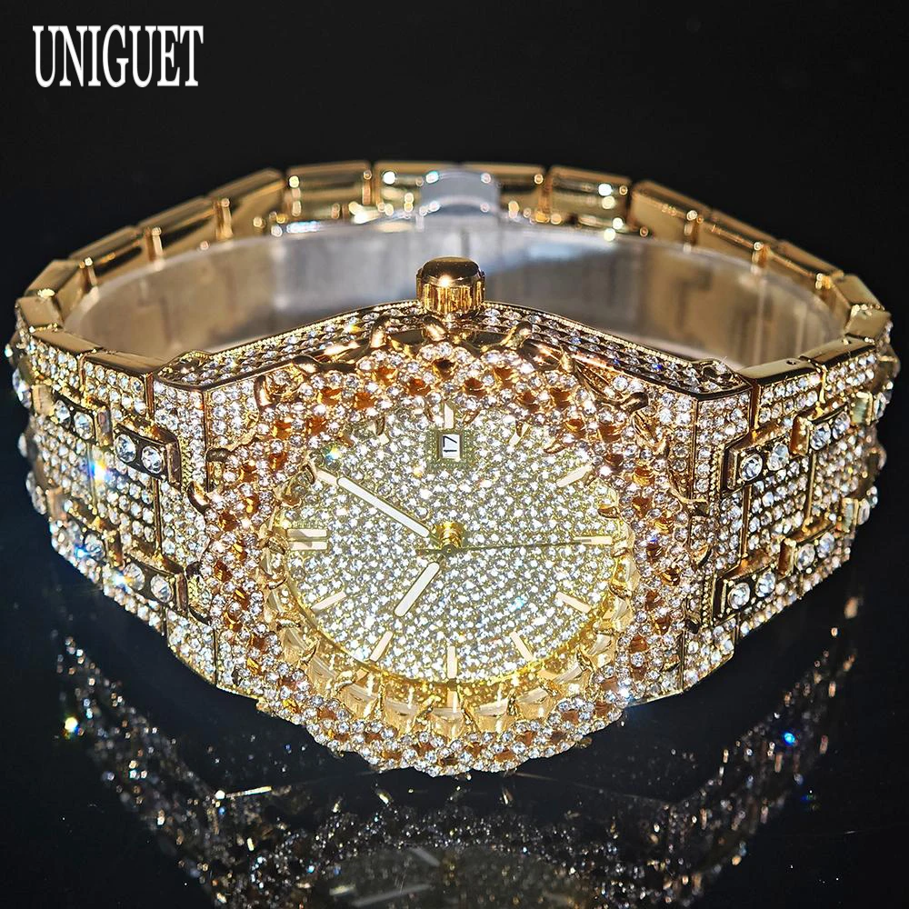 2026 New Luxury Gold Watch for Men Fashion Brand UNIGUET Hip Hop Full Diamond Bling Thorns Wristwatch with Date Reloj Hombre