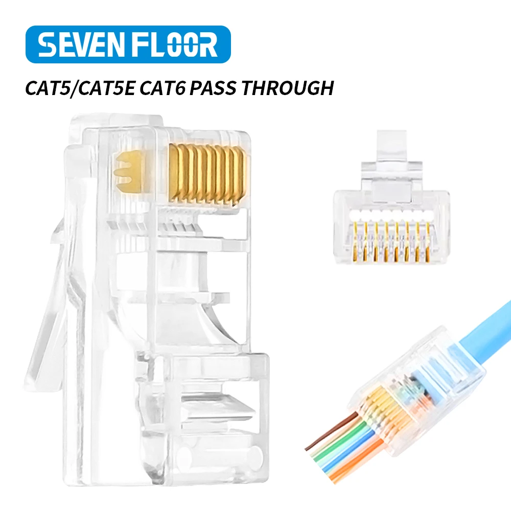 50/100pcs RJ45 CAT6 CAT5e Pass Through Connectors Crystal End Gold-Plated 8P8C Crimp UTP Standard Ethernet Network Modular Plug