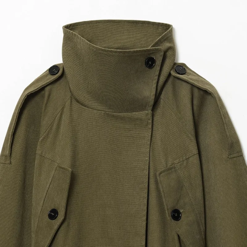 Solid Lace Up Women Coat Full Sleeve Stand Collar Female Jacket 2025 Autumn Winter Green Single Breasted Belt Loose Lady Outwear