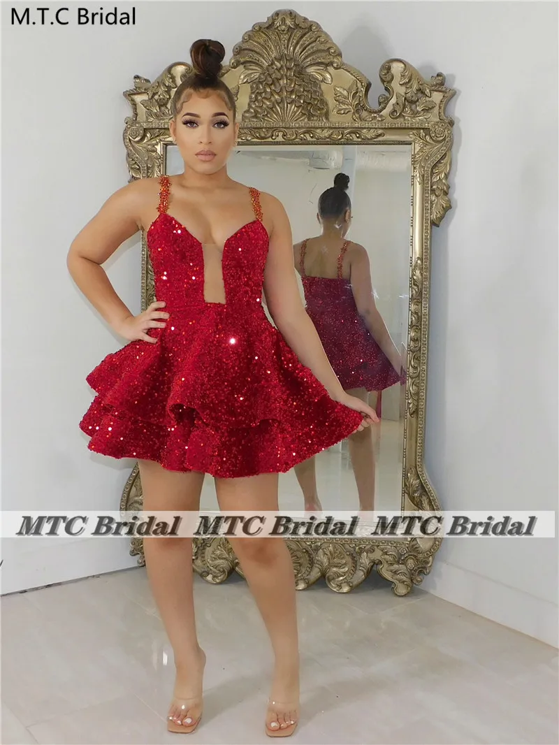 فساتين حفلة موسيقية قصيرة باللون الأزرق الفاتح سباركلي على شكل قلب متدرج على شكل حرف A صغيرة مثيرة للفتيات السود لحفلات العودة للوطن والمناسبات مقاس كبير