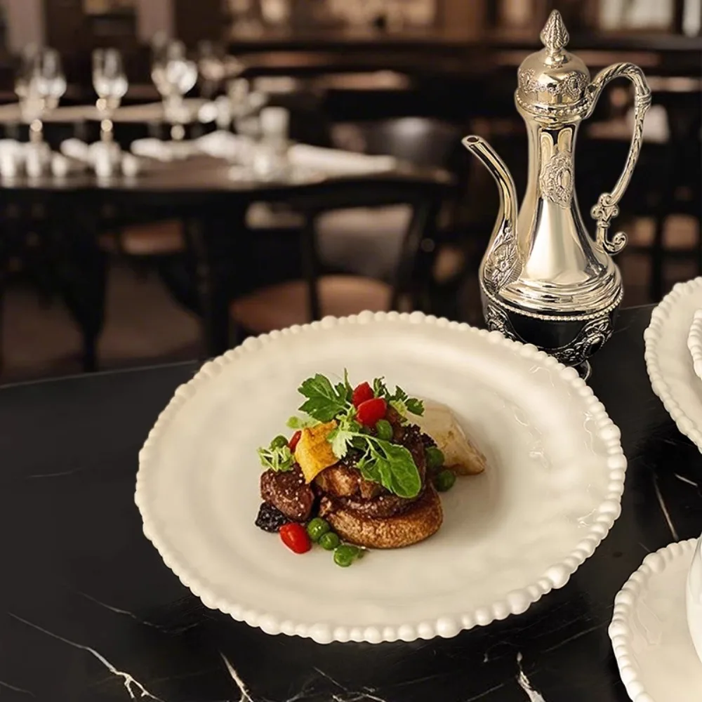 Livetai French Pearl-Edge Ceramic Tableware Set, Versatile Bowl & Plate for Home Dining, Stylish Steak Dinner Plates