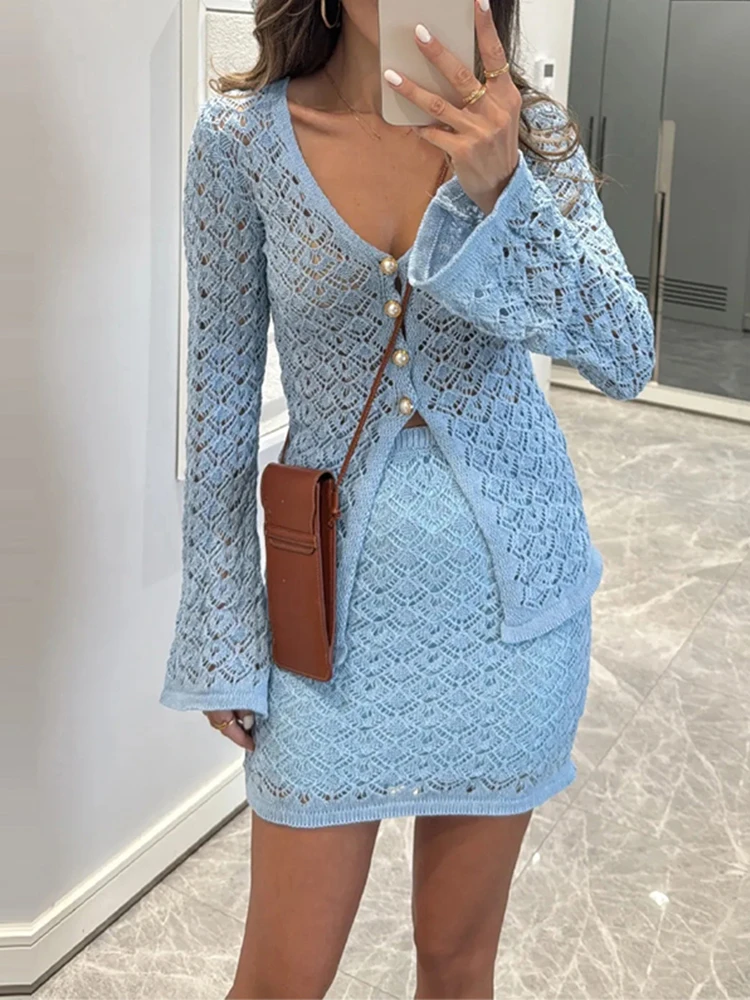 Early Autumn New Commute Two Piece Suits French Style Lace V-neck Tops&Skirts Sets Elegant Lady Solid Color Bodycon Skirts Sets