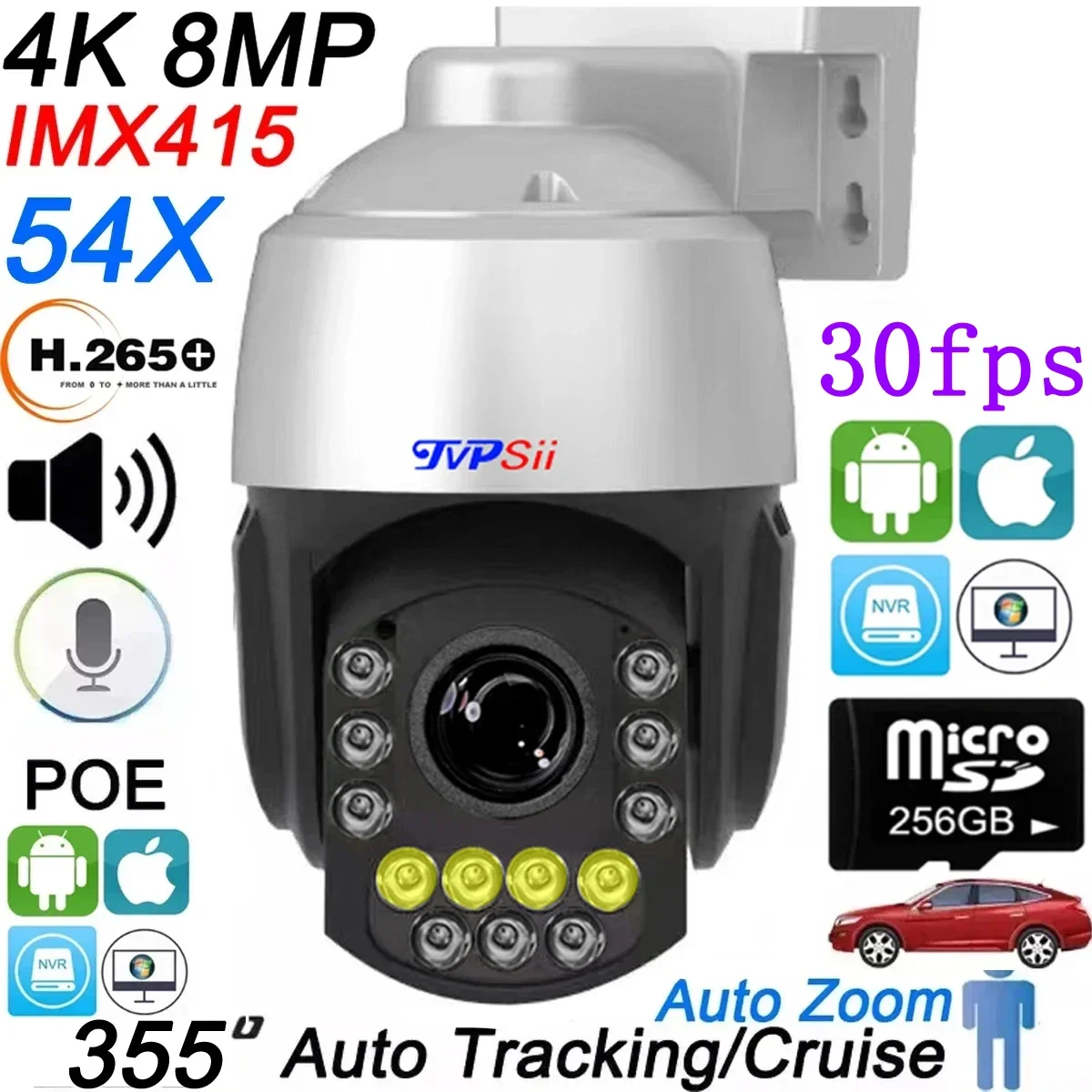 

Full Color Auto Tracking 30fps 8MP 4K 54X Zoom 355° Rotation Audio Outdoor ONVIF POE PTZ IP Surveillance Speed Doom CCTV Camera