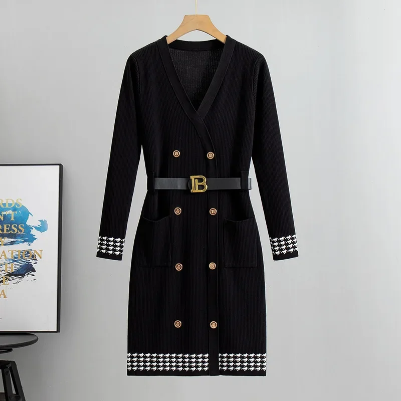 

Fashion New Button Knitting Dresses for Women Little Fragrance Long Sleeve Splicing Printed Pocket Slim Sashes A Line Dress