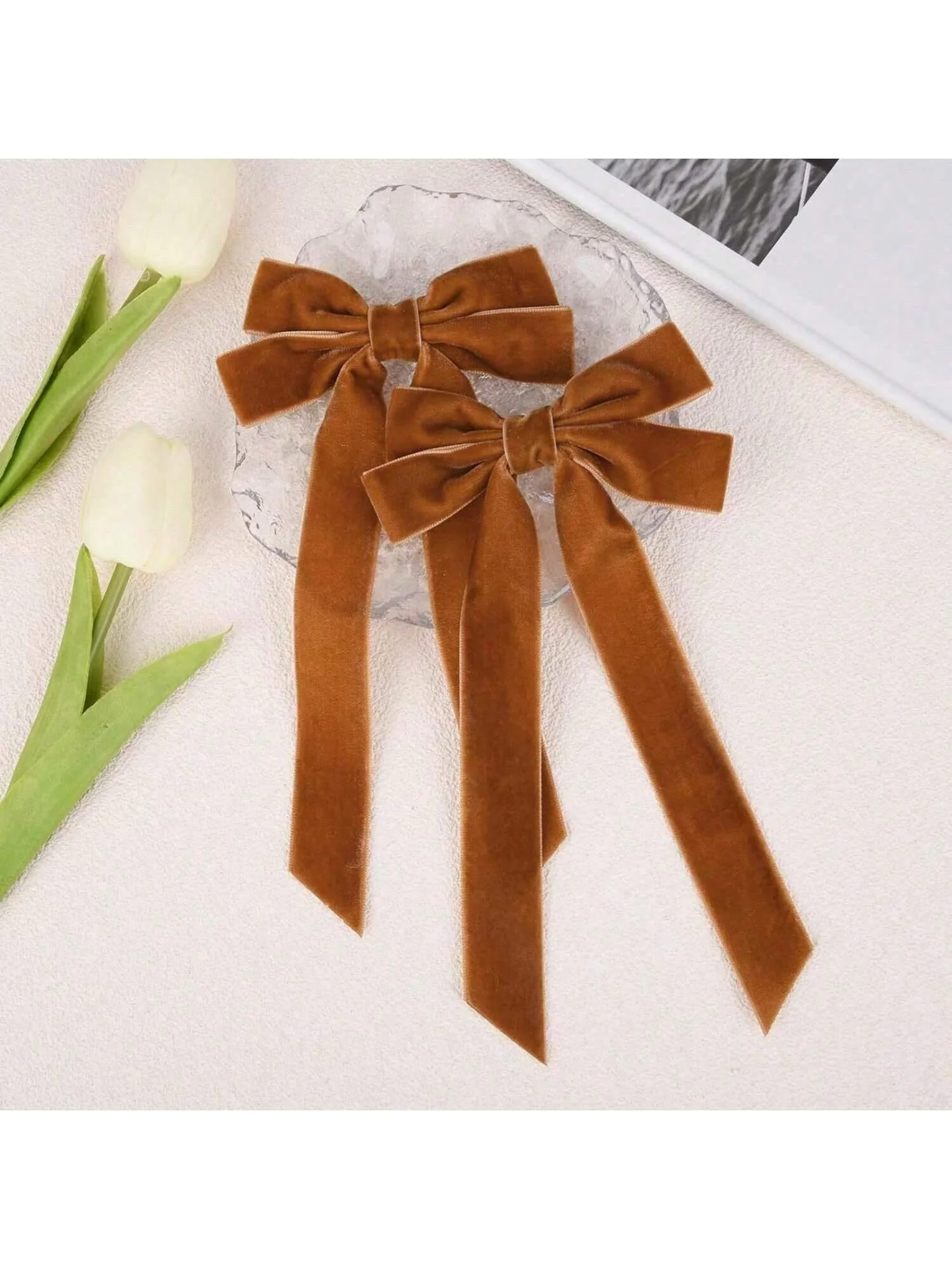 2PCS Velvet Hair Bows Brown Hair Ribbon Clips Big Fall Alligator Clips Hair Accessories for Women Girls Toddlers Kids Baby