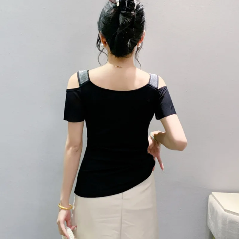 2025 صيف جديد أمريكا العلامة التجارية فراشة تصميم تي شيرت مثير قبالة الكتف لامعة زهرة الساخن الماس النساء بلايز سيدة أنيقة تيز