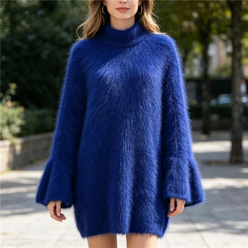 

Women Mujer Autumn Winter Thick Warm Hairy Blue Mink Cashmere Knitted Mock Neck Long Flare Sleeves Loose Pullover Sweater Pull