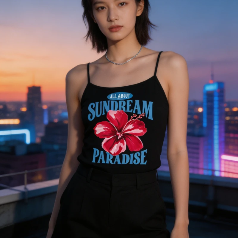Womens Cami Top Red Blossom Totem Bold Blue Typography Printed Thin Shoulder Straps Crisp White Base for Summer Outwear Style