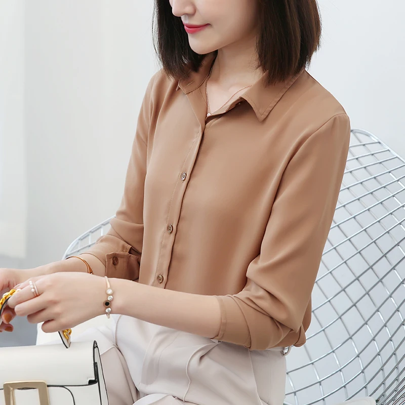 2023 Autumn Women\'s Solid Color Lapel Long Sleeve Chiffon Shirts Simple Casual Loose Woman Blouse and Tops Office Lady Clothes