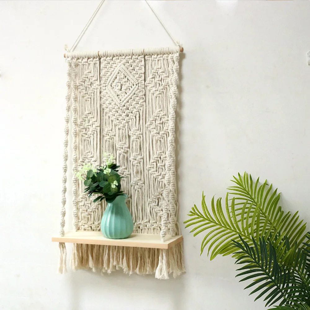 

Handwoven Tapestry Rack Wooden Shelf Wall Hanging Boho Macrame Floating Shelving Background Tassels Pendan Home Decoration Gift