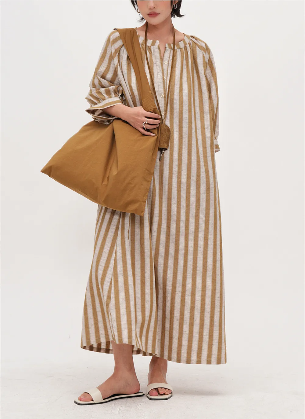 夏ゆったり着痩せ縦ストライプ半袖ワンピース万能着痩せ襟ロングワンピース