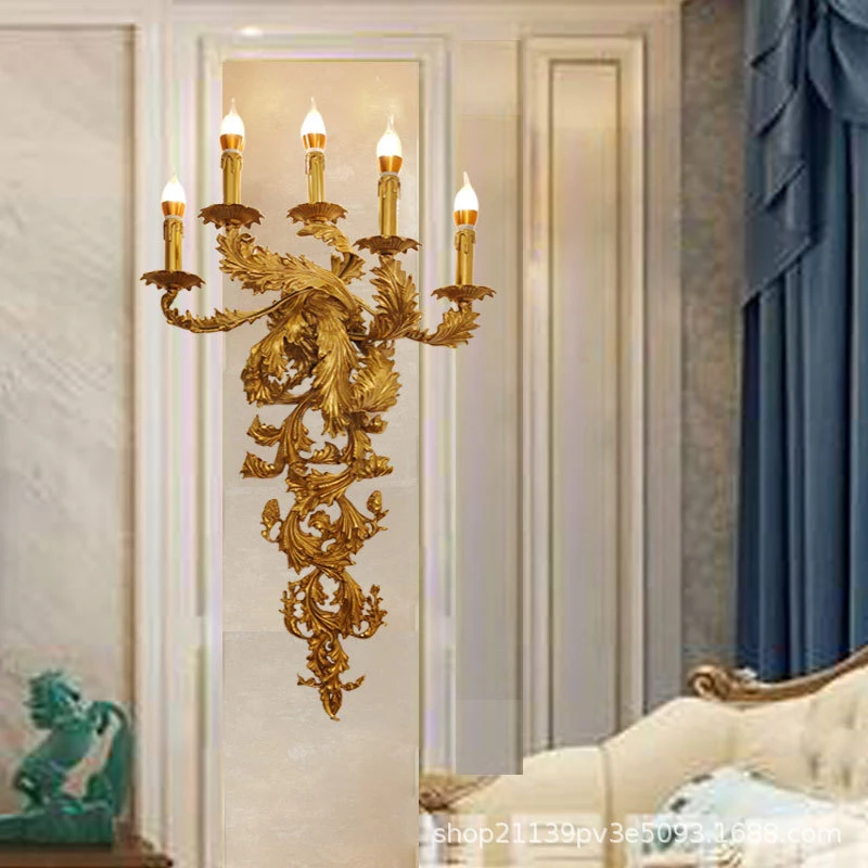 French Style All Copper led Wall Lamp Non-standard Engineering Villa Living Room Wall Light Wax Removal Carved Retro Copper Lamp