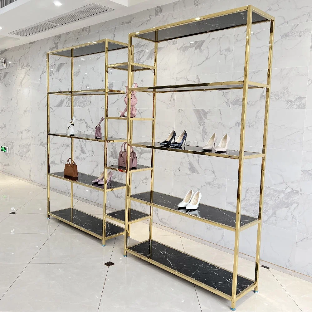 Store Decoration Sales Modern stainless steel gold Shop Shoe Display Ideas For Shoes Women