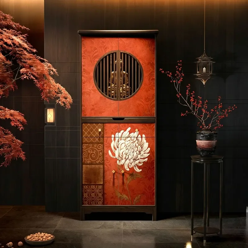 Song Style Aesthetic Zen Solid Wood Red Background Flower Pattern Buddhist Niche Cabinet Household Worship Altar Standing