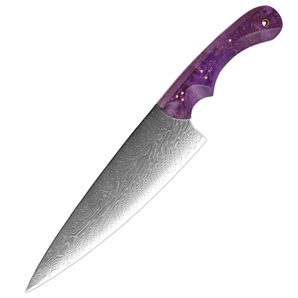 

8 Inch Chef Knife, Professional Japanese Damascus Kitchen Knives Sharp Damascus Steel Knife Unique Purple Stabilized Wood Handle
