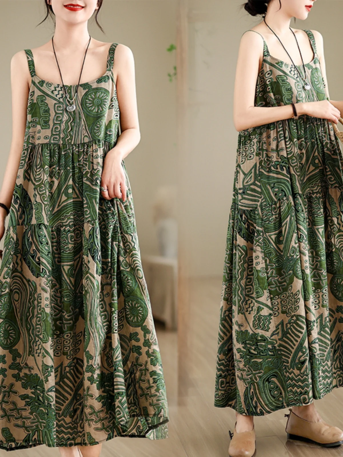 Luźna, lniana spódnica damska do kolan, trapezowa, z nadrukiem, idealna na lato, do pracy, codzienna, wygodna.