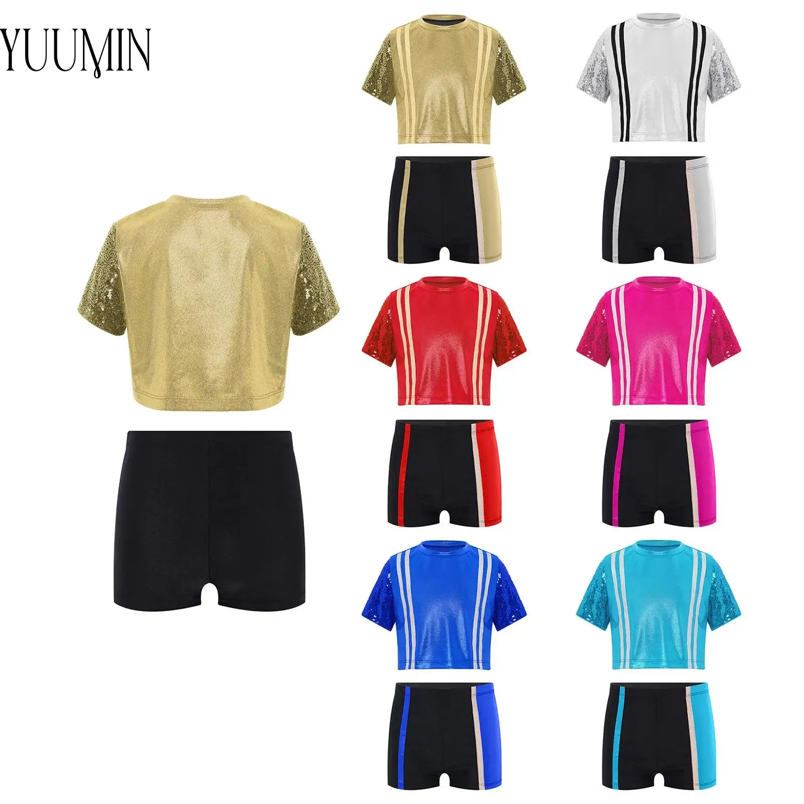 

Kids Fashion Hip-hop Sets Girls Color Block Jazz Dance Sports Outfit Shiny Sequin Short Sleeves Metallic Crop Top+Shorts Outfits