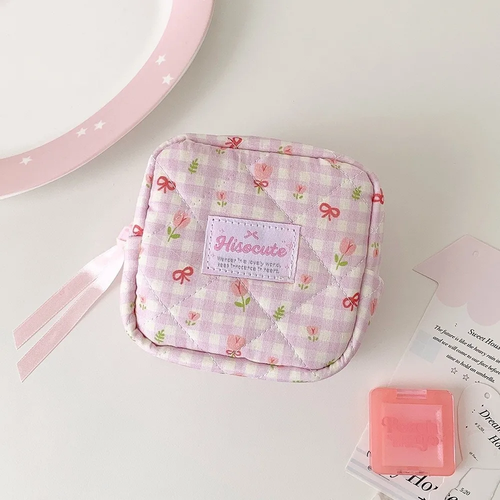 New Quilted Square Cosmetic Bag Ribbon Bow Decor Portable Coin Purse Floral Print Zipper Closure Plaid Makeup Pouch Daily Use