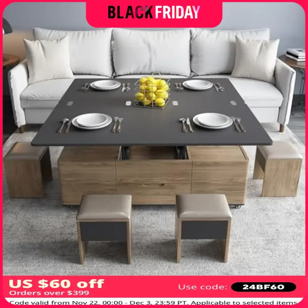 Lift-Top Coffee Tables with 4 Stools, 3-in-1 Center Tables, Space Saving Folding Dining Table